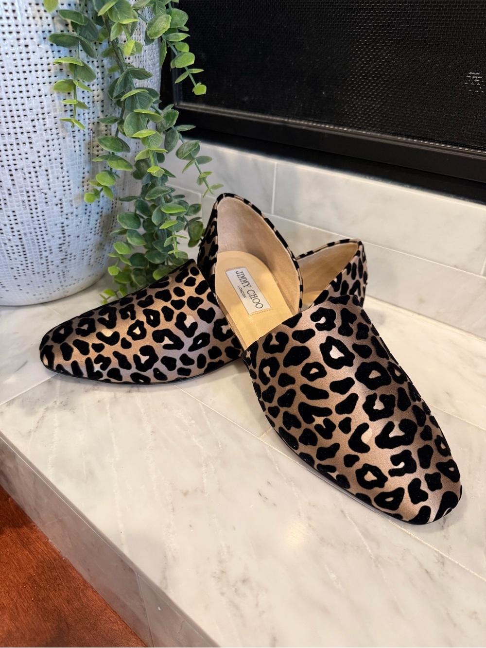 Jimmy Choo Leopard Print Velvet D’Orsay Flats black and beige